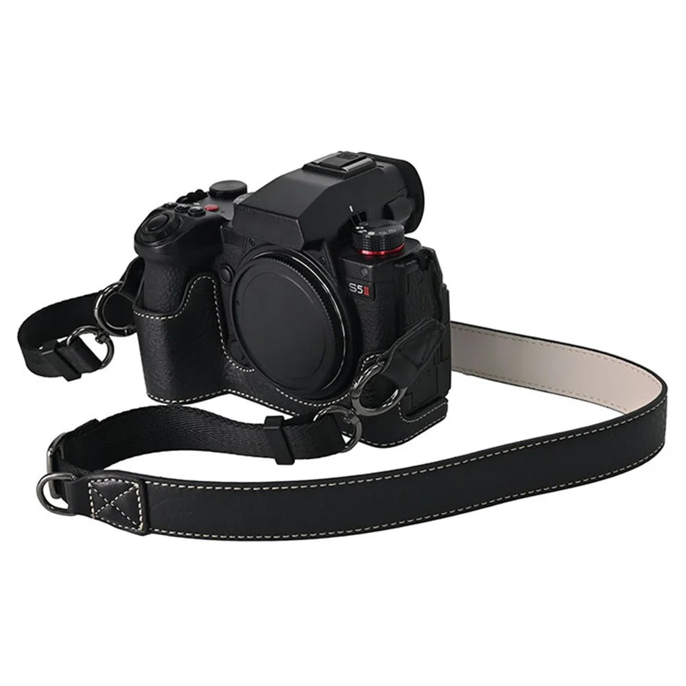 For Panasonic Lumix S5 / S5 II Camera Case with Shoulder Strap Large Cutout Litchi Texture PU Protective Cover - Black - 3