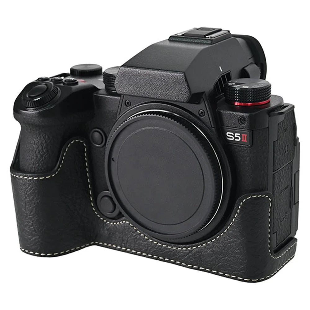For Panasonic Lumix S5 / S5 II Camera Case with Shoulder Strap Large Cutout Litchi Texture PU Protective Cover - Black - 6