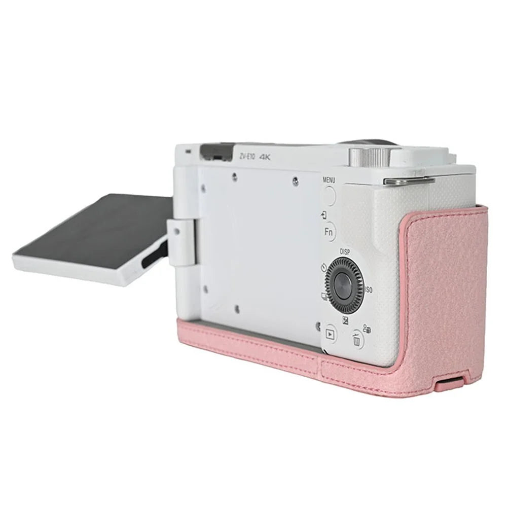For Sony ZV-E10 Camera Bottom Case Half Body Leather Cover with Battery Opening - Pink - 5
