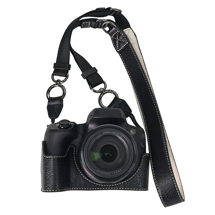 For Canon SX70 HS Camera Case with Shoulder Strap Large Cutout Litchi Texture PU Protective Cover - Black - 1