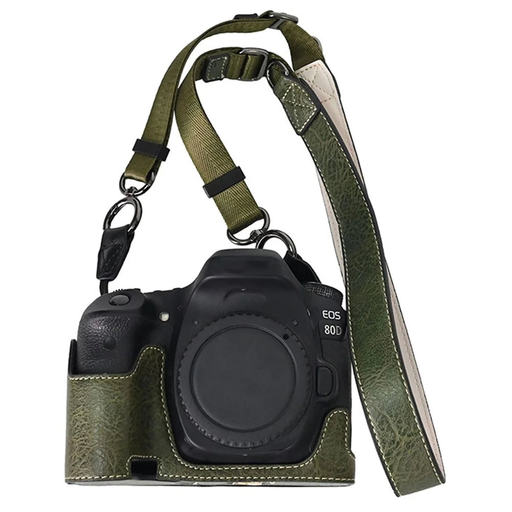 For Canon EOS 90D / 80D / 70D / 60D Camera Case with Shoulder Strap Large Cutout Litchi Texture PU Protective Cover - Green - 1
