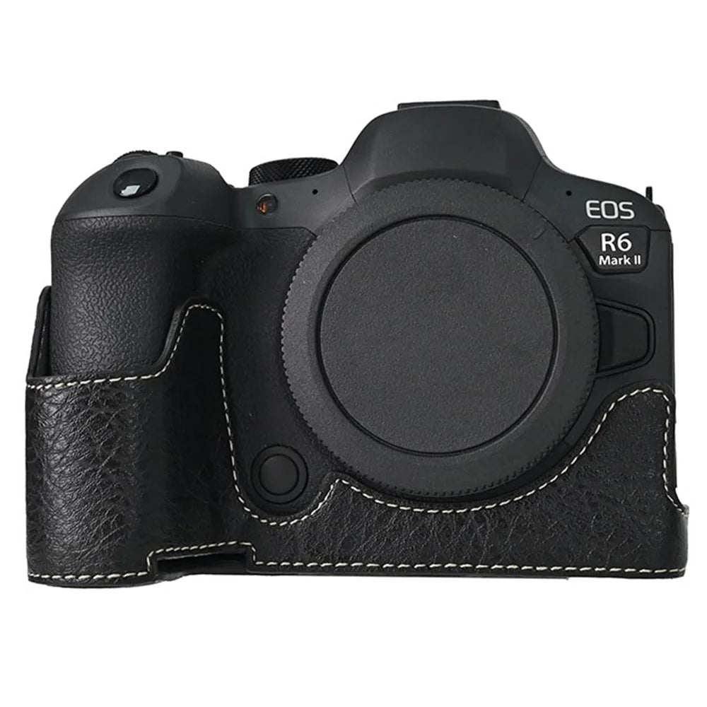 For Canon EOS R6 Mark II / R6 / R5 Camera Case Large Cutout Litchi Texture PU Leather Protective Cover - Black - 1