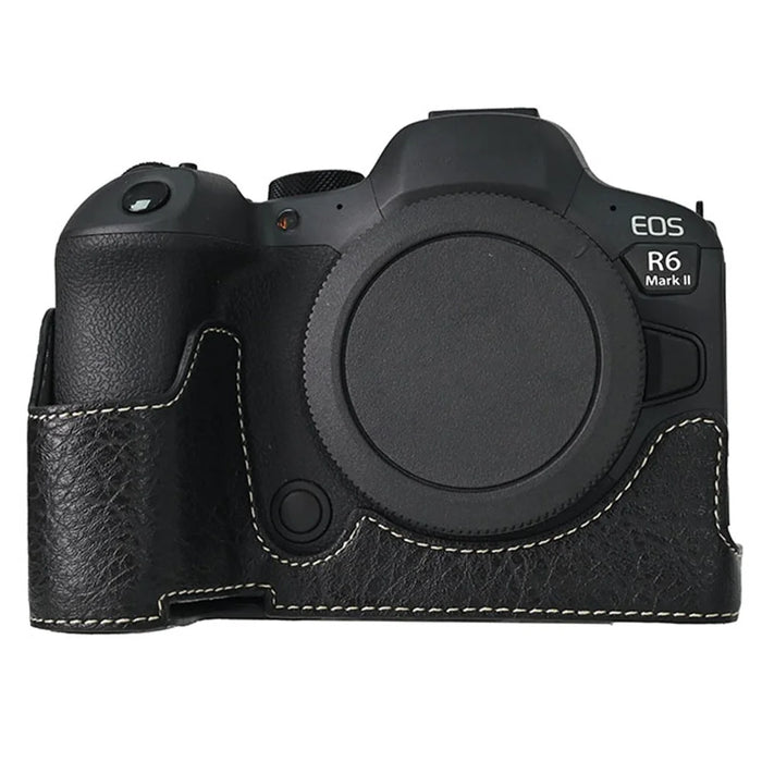For Canon EOS R6 Mark II / R6 / R5 Camera Case Large Cutout Litchi Texture PU Leather Protective Cover - Black - 1