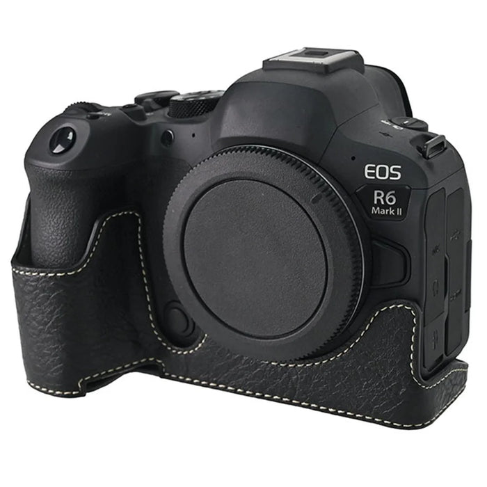 For Canon EOS R6 Mark II / R6 / R5 Camera Case Large Cutout Litchi Texture PU Leather Protective Cover - Black - 3