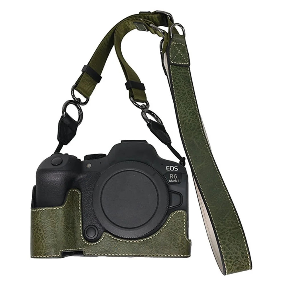 For Canon EOS R6 Mark II / R6 / R5 Camera Case with Shoulder Strap Large Cutout Litchi Texture PU Protective Cover - Green - 1
