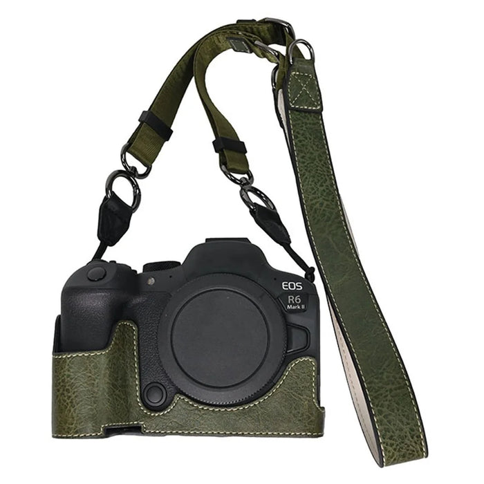 For Canon EOS R6 Mark II / R6 / R5 Camera Case with Shoulder Strap Large Cutout Litchi Texture PU Protective Cover - Green - 1