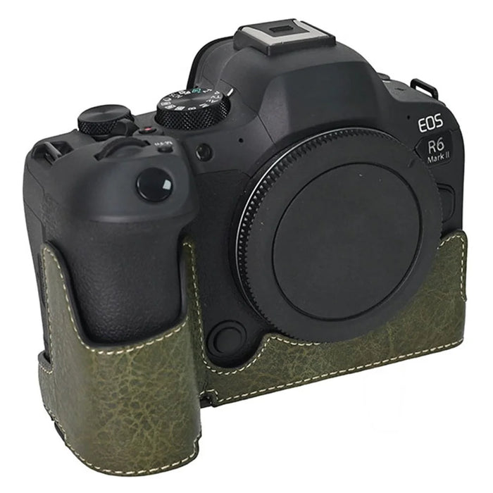 For Canon EOS R6 Mark II / R6 / R5 Camera Case with Shoulder Strap Large Cutout Litchi Texture PU Protective Cover - Green - 2