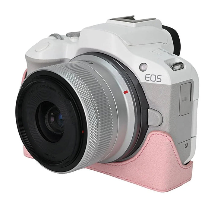 For Canon EOS R100  /  R50 Camera Base Detachable Battery Litchi Texture PU Leather Protective Case - Pink - 3