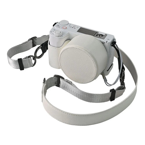 For Sony ZV-E10 II Camera Base with Lens Cap Shoulder Strap PU Leather Protective Case Detachable Battery - White - 1