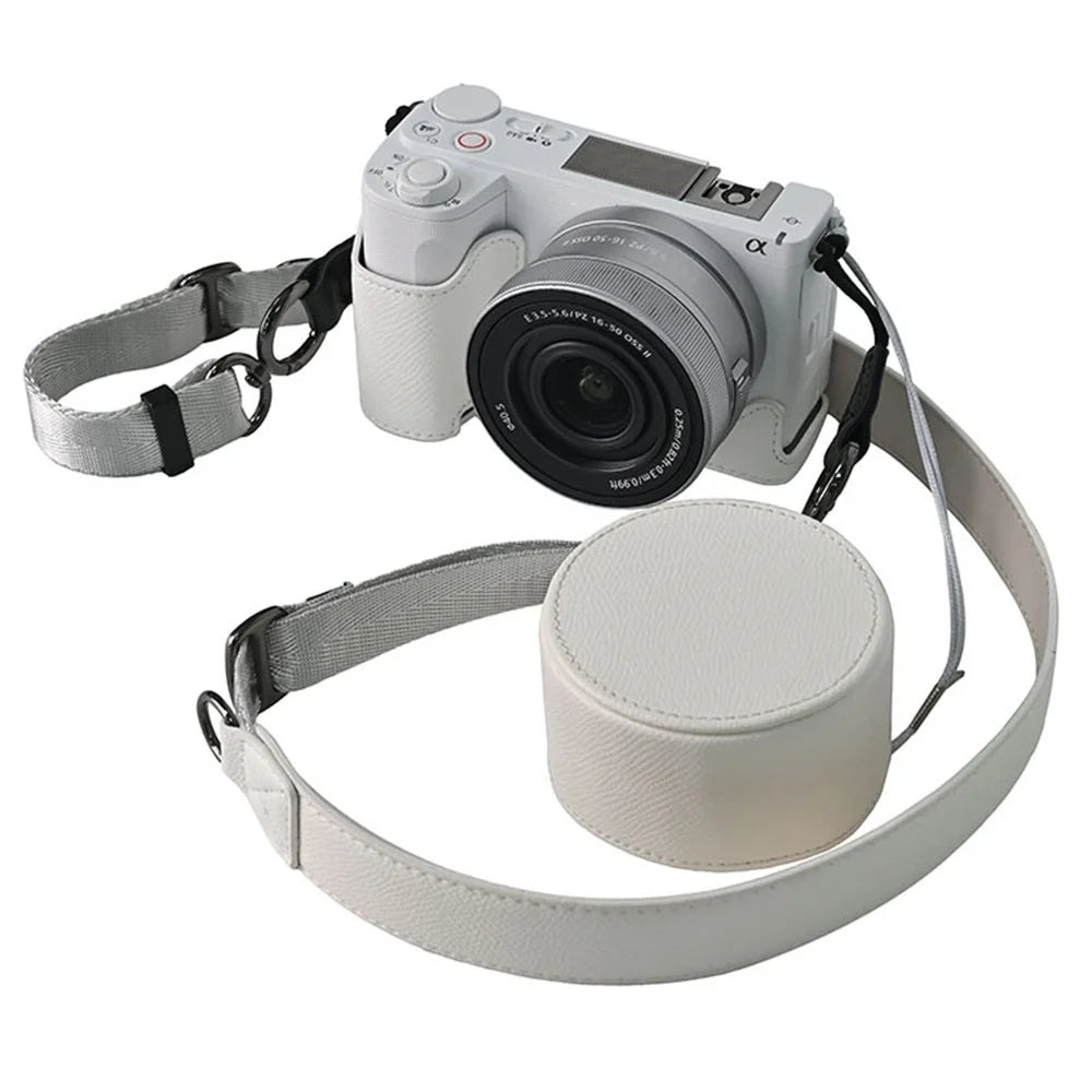 For Sony ZV-E10 II Camera Base with Lens Cap Shoulder Strap PU Leather Protective Case Detachable Battery - White - 2