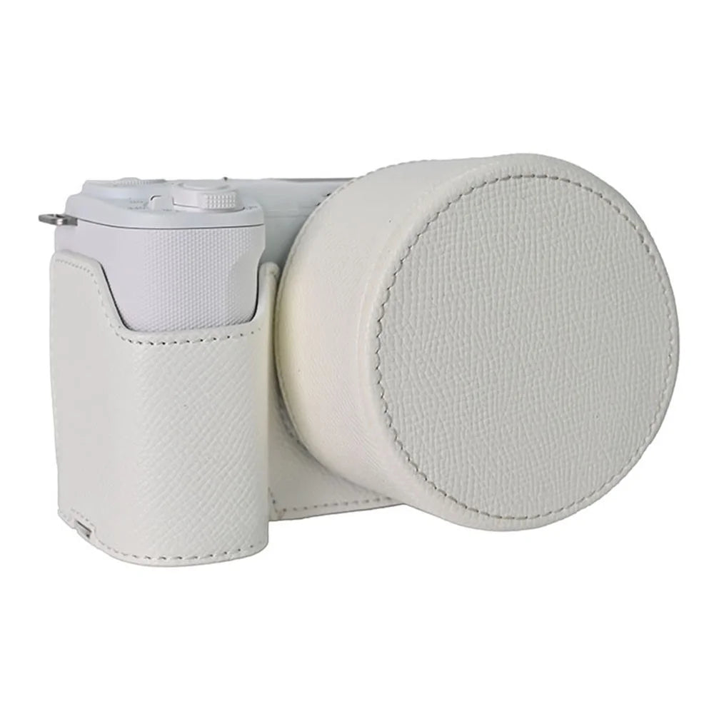 For Sony ZV-E10 II Camera Base with Lens Cap Shoulder Strap PU Leather Protective Case Detachable Battery - White - 3