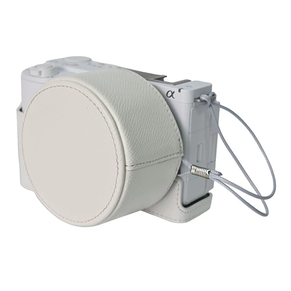 For Sony ZV-E10 II Camera Base with Lens Cap Shoulder Strap PU Leather Protective Case Detachable Battery - White - 4