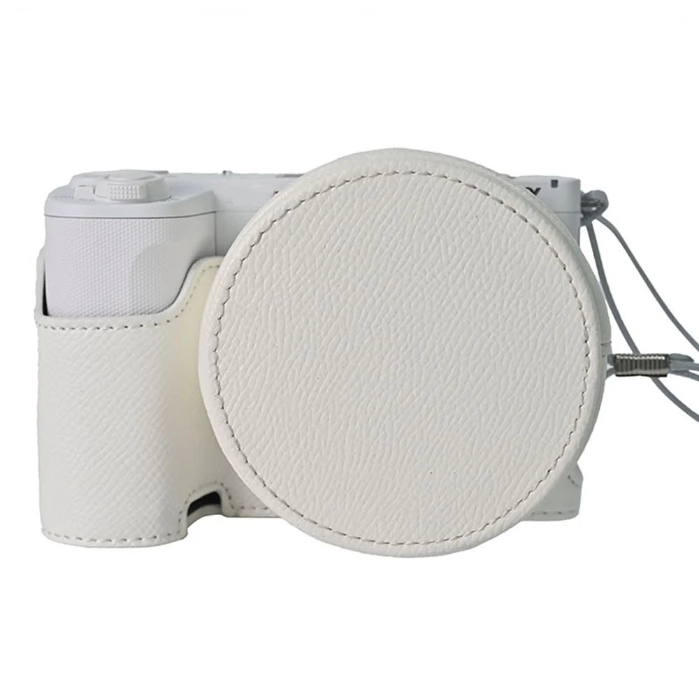 For Sony ZV-E10 II Camera Base with Lens Cap Shoulder Strap PU Leather Protective Case Detachable Battery - White - 5