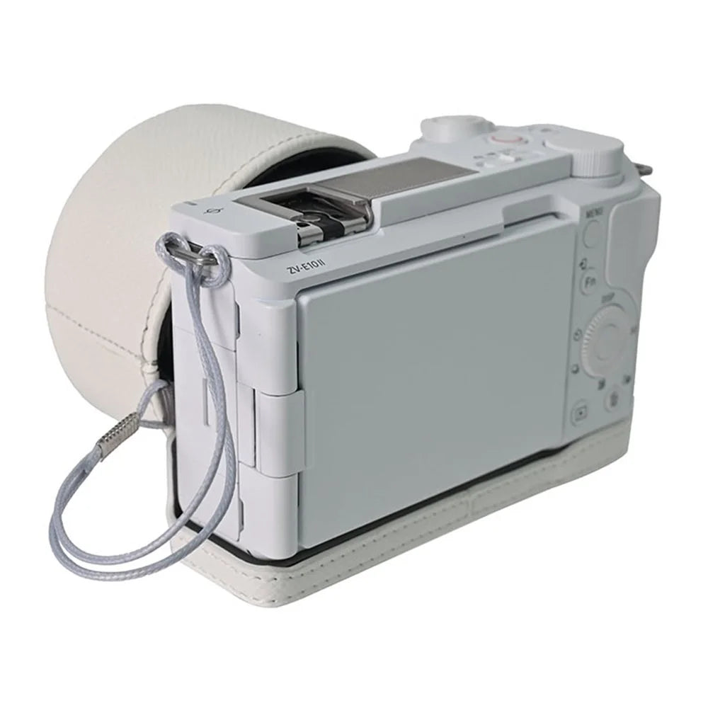 For Sony ZV-E10 II Camera Base with Lens Cap Shoulder Strap PU Leather Protective Case Detachable Battery - White - 6