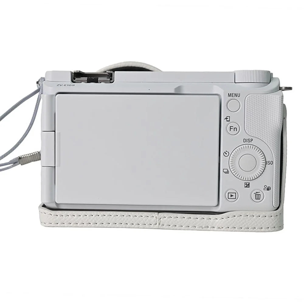 For Sony ZV-E10 II Camera Base with Lens Cap Shoulder Strap PU Leather Protective Case Detachable Battery - White - 7