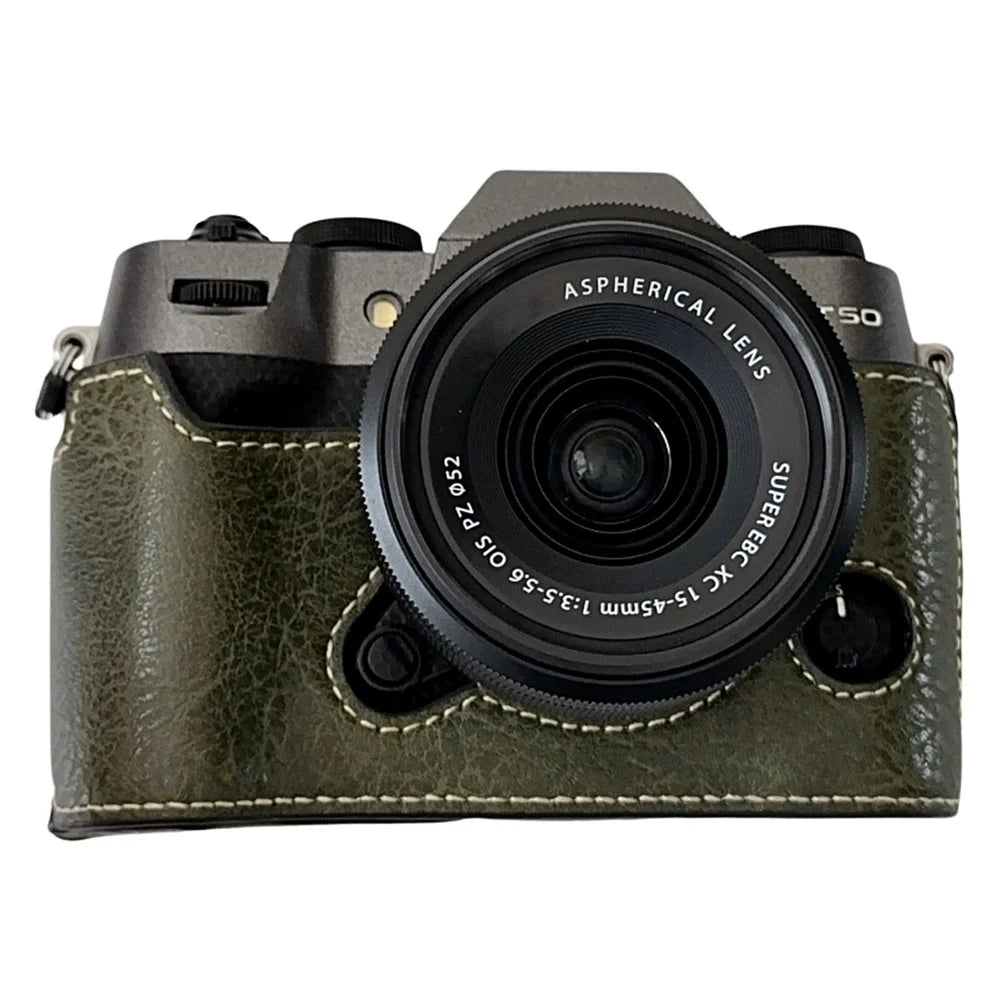 For Fujifilm X-T50 Buffalo Texture PU Leather Bottom Case Half Body Camera Cover with Battery Opening - Green - 1