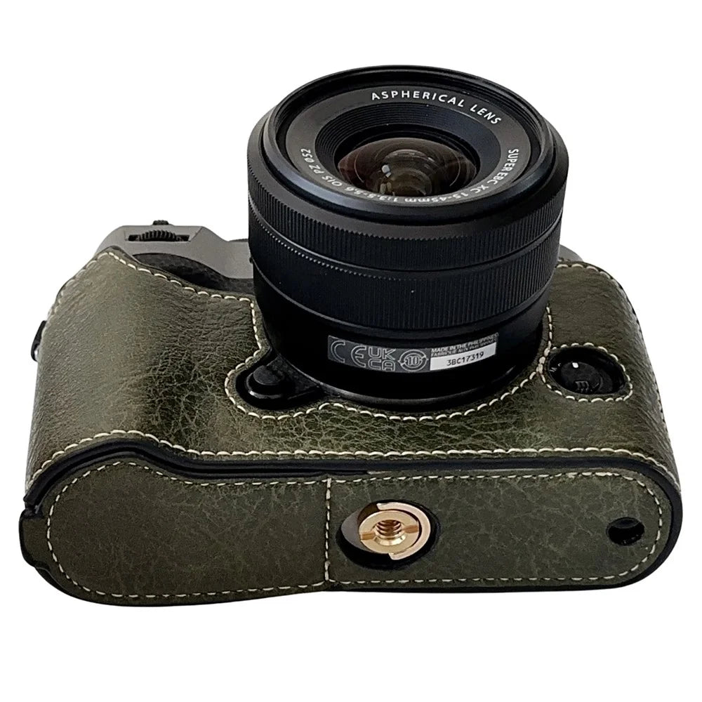 For Fujifilm X-T50 Buffalo Texture PU Leather Bottom Case Half Body Camera Cover with Battery Opening - Green - 2