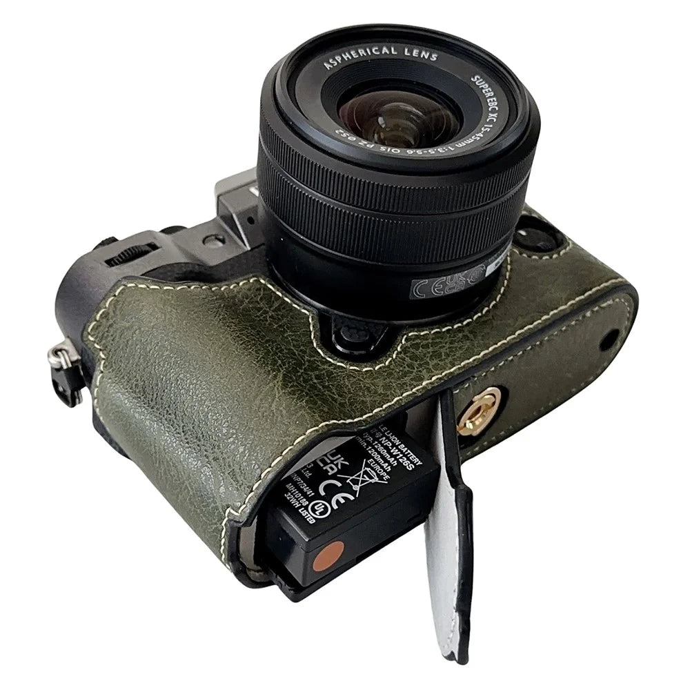 For Fujifilm X-T50 Buffalo Texture PU Leather Bottom Case Half Body Camera Cover with Battery Opening - Green - 3