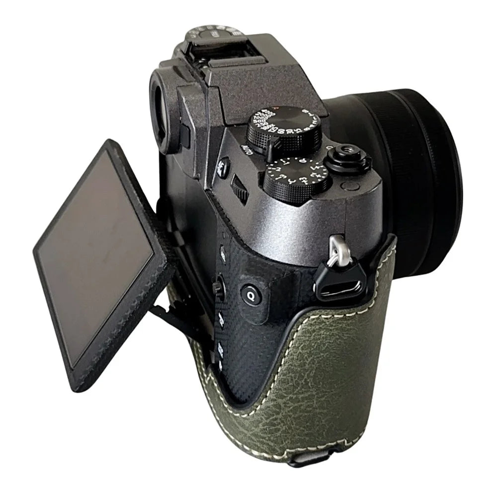 For Fujifilm X-T50 Buffalo Texture PU Leather Bottom Case Half Body Camera Cover with Battery Opening - Green - 4