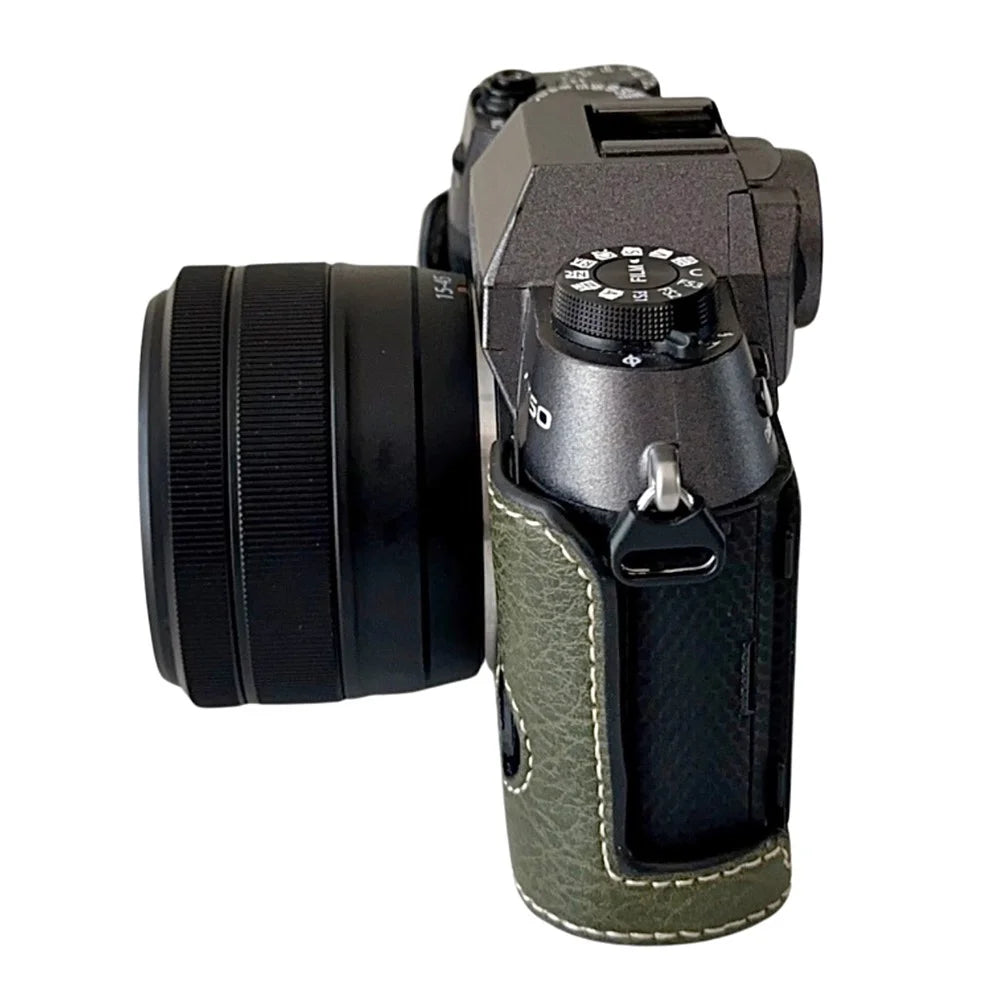 For Fujifilm X-T50 Buffalo Texture PU Leather Bottom Case Half Body Camera Cover with Battery Opening - Green - 5