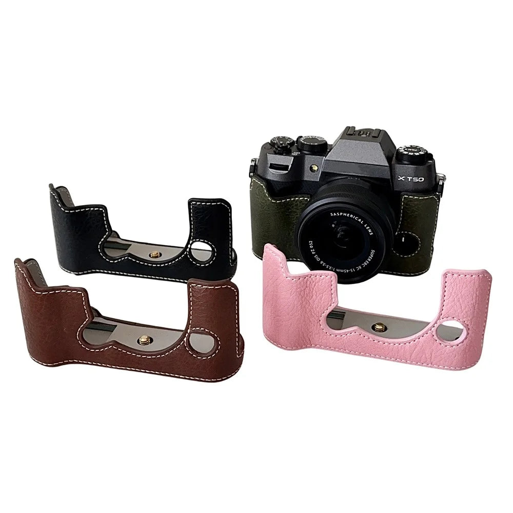 For Fujifilm X-T50 Buffalo Texture PU Leather Bottom Case Half Body Camera Cover with Battery Opening - Green - 6