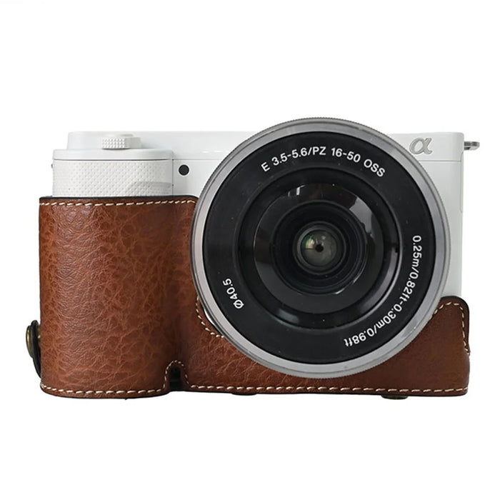For Sony Alpha ZV-E10 Camera Case Litchi Texture Leather Cover with Battery Hole + Strap - Coffee - 2