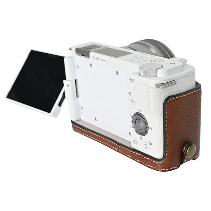 For Sony Alpha ZV-E10 Camera Case Litchi Texture Leather Cover with Battery Hole + Strap - Coffee - 5