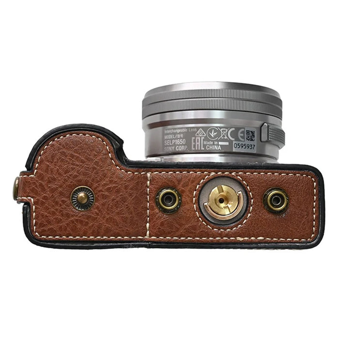For Sony Alpha ZV-E10 Camera Case Litchi Texture Leather Cover with Battery Hole + Strap - Coffee - 6