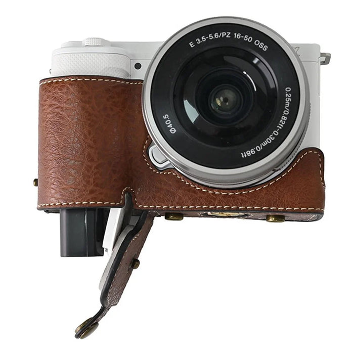 For Sony Alpha ZV-E10 Camera Case Litchi Texture Leather Cover with Battery Hole + Strap - Coffee - 7