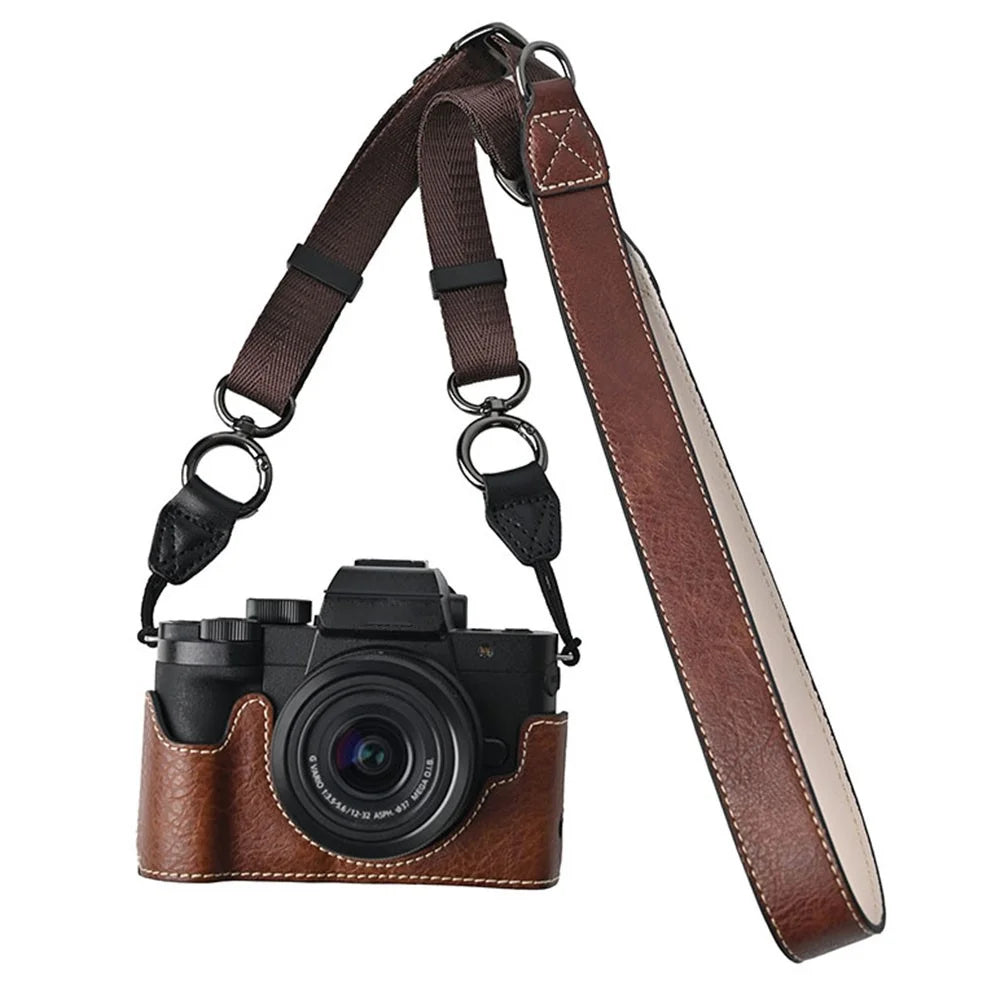 For Panasonic Lumix G100K Camera Case with Shoulder Strap Large Cutout Litchi Texture PU Protective Cover - Coffee - 1