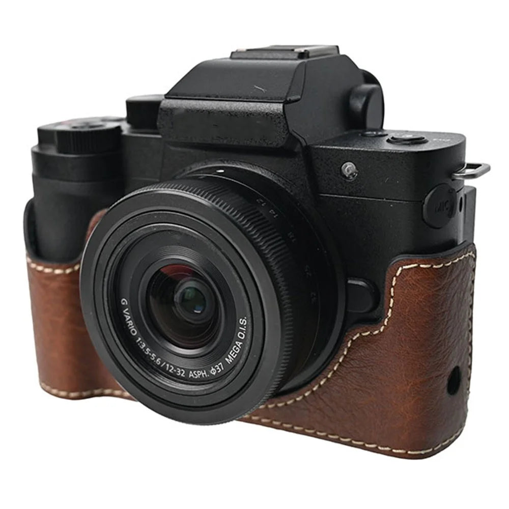 For Panasonic Lumix G100K Camera Case with Shoulder Strap Large Cutout Litchi Texture PU Protective Cover - Coffee - 3