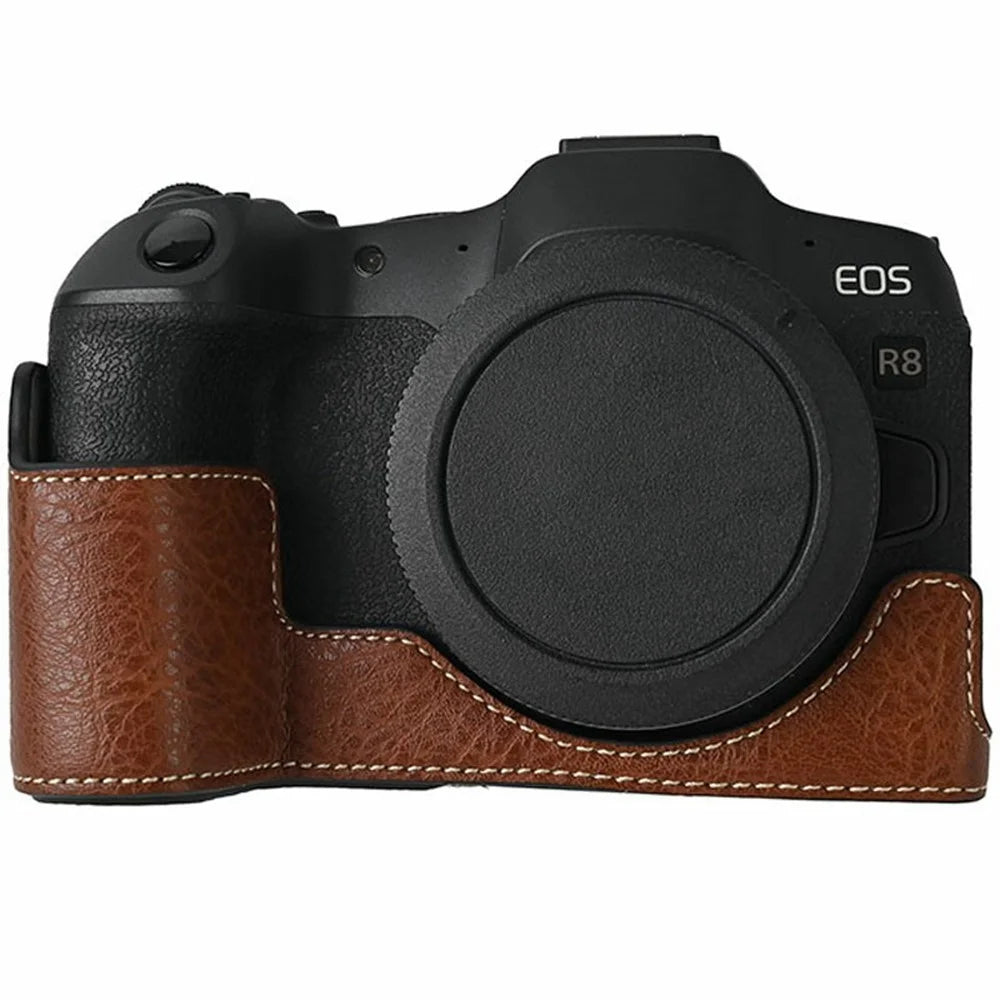 For Canon EOS R8 Camera Half Case Litchi Texture PU Leather Protective Cover with Battery Opening - Coffee - 1