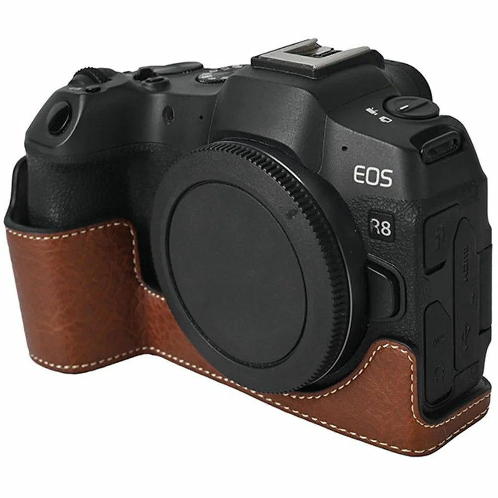 For Canon EOS R8 Camera Half Case Litchi Texture PU Leather Protective Cover with Battery Opening - Coffee - 2