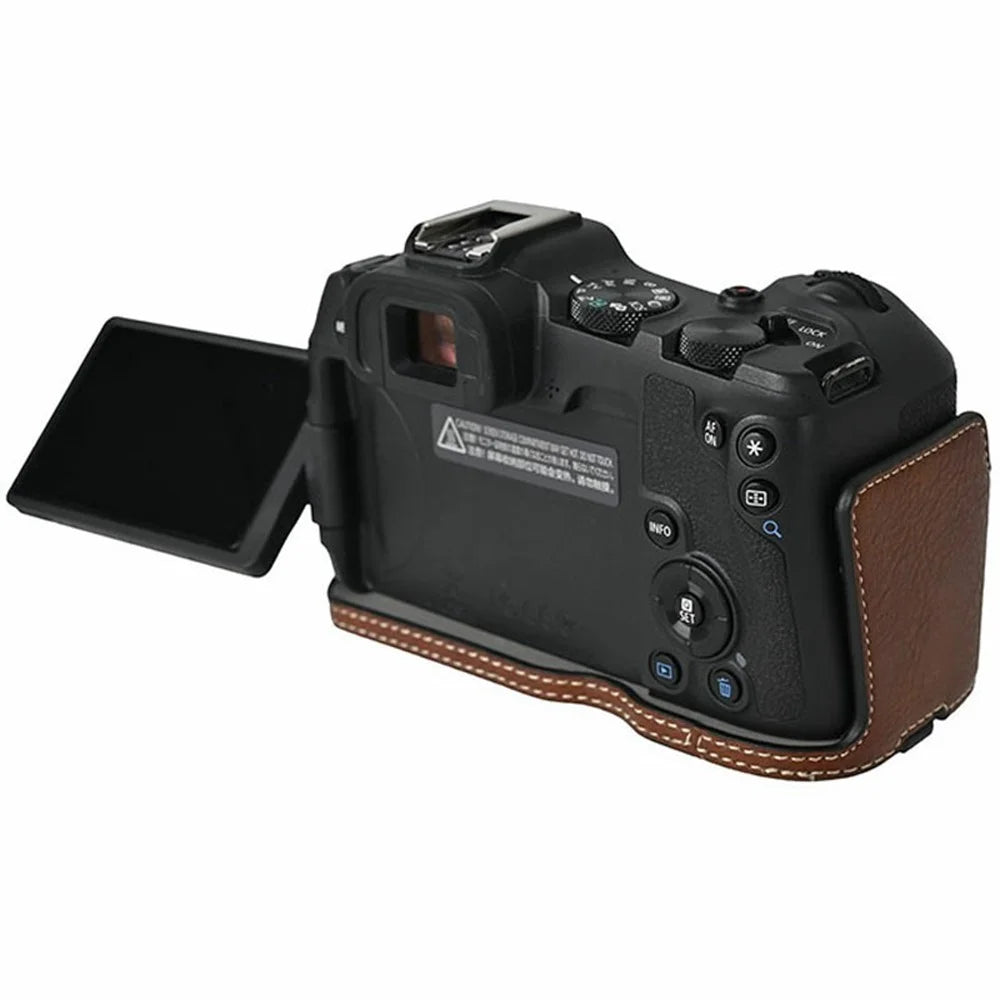 For Canon EOS R8 Camera Half Case Litchi Texture PU Leather Protective Cover with Battery Opening - Coffee - 5