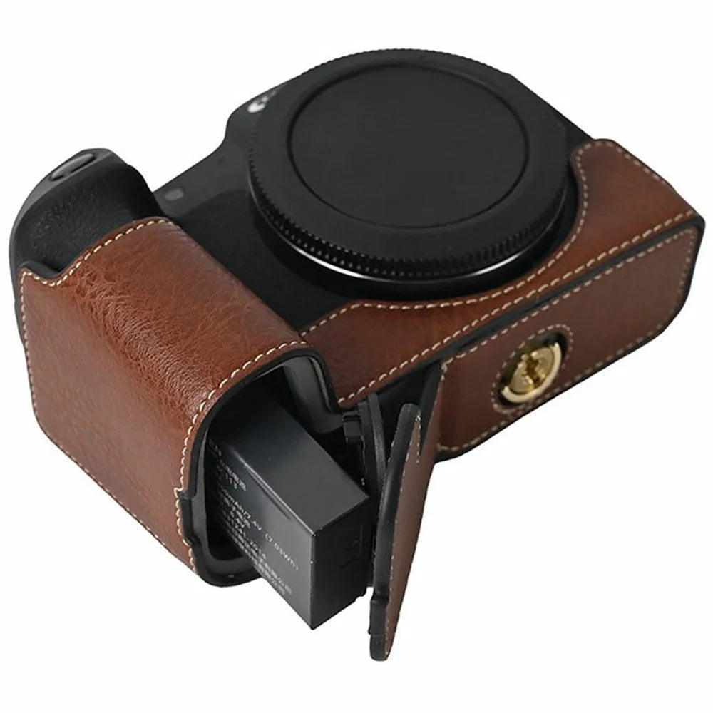 For Canon EOS R8 Camera Half Case Litchi Texture PU Leather Protective Cover with Battery Opening - Coffee - 7