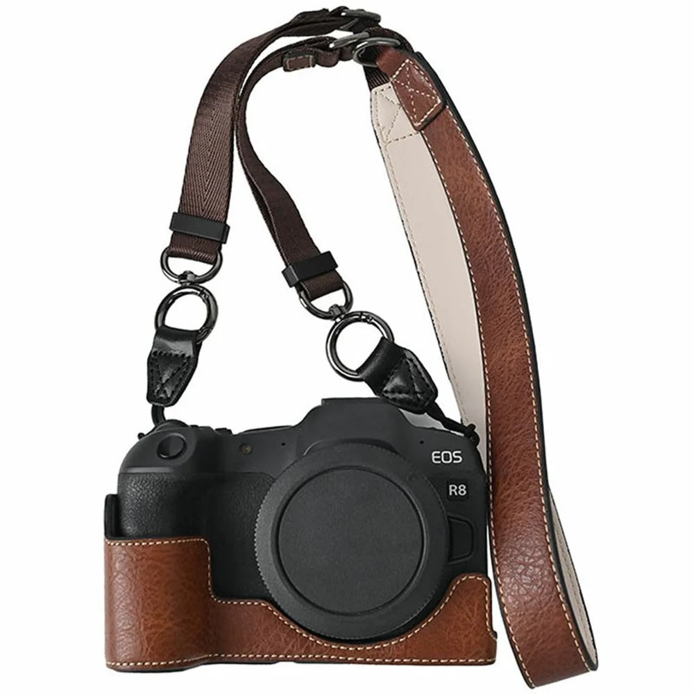 For Canon EOS R8 Camera Half Case Litchi Texture Battery Opening PU Leather Cover with Shoulder Strap - Coffee - 1