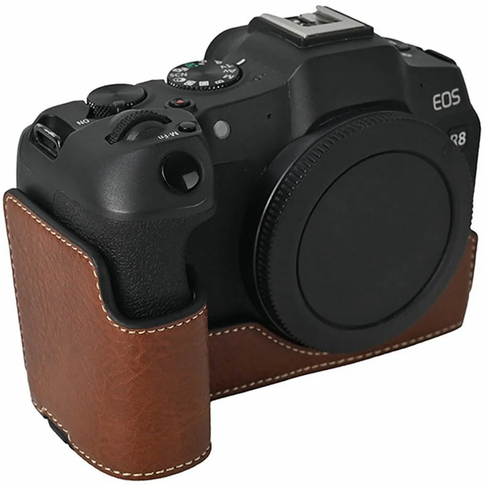 For Canon EOS R8 Camera Half Case Litchi Texture Battery Opening PU Leather Cover with Shoulder Strap - Coffee - 4