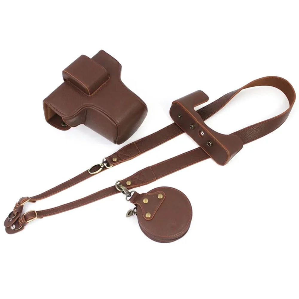 For Nikon Z fc 28mm/16-50mm Cowhide Leather Battery Opening Design Detachable Camera Bag Protective Case with Lens Pouch and Shoulder Strap - Coffee - 1
