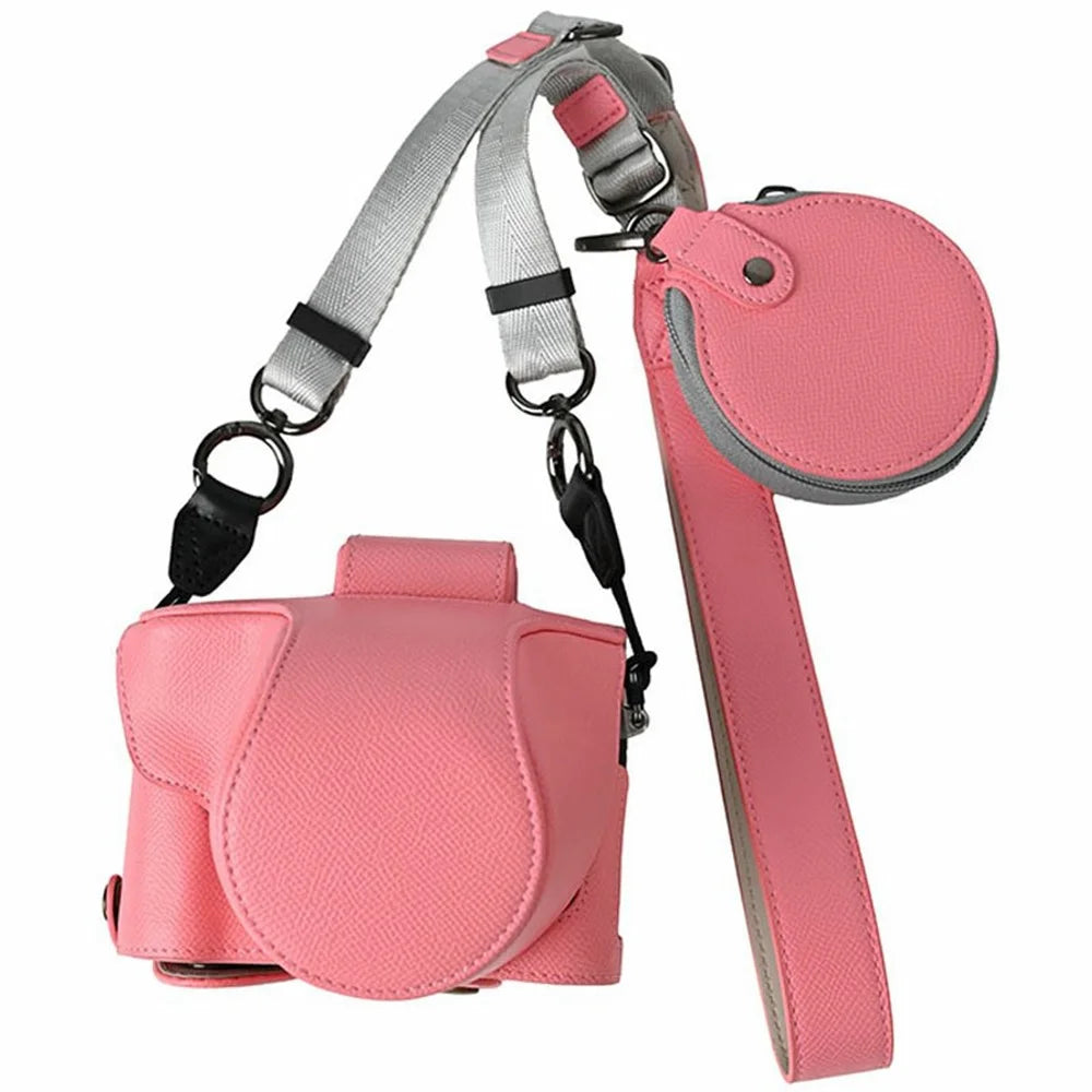 For Fujifilm X-T50 Textured PU Leather Camera Case with Battery Hole + Strap + Lens Storage Bag - Pink - 1