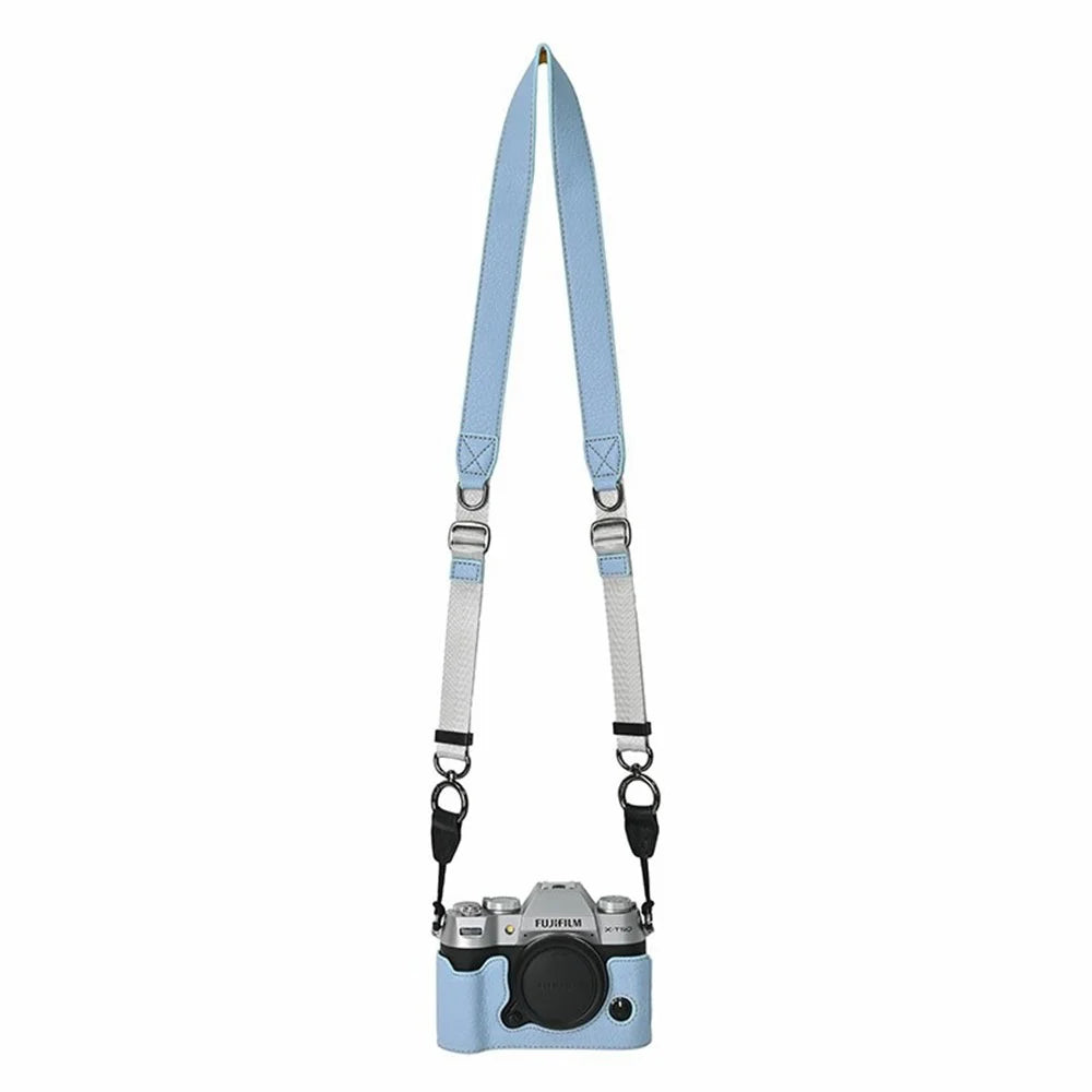 For Fujifilm X-T50 PU Leather Camera Half Case Base Cover with Battery Access and Shoulder Strap - Baby Blue - 1