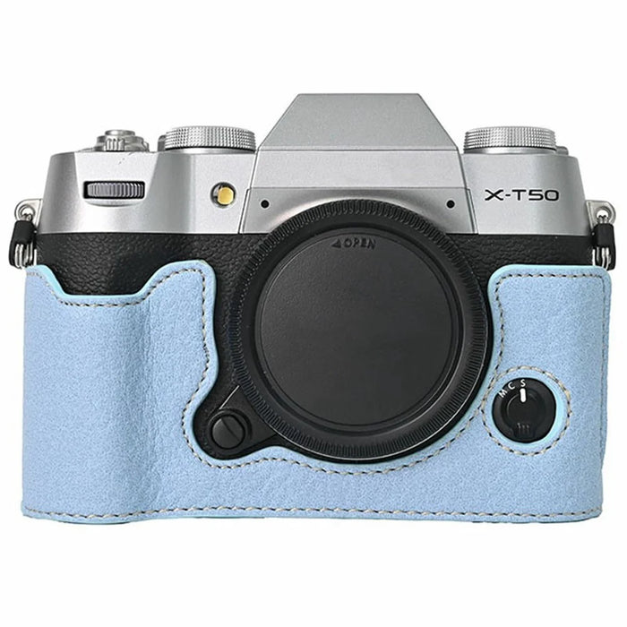 For Fujifilm X-T50 PU Leather Camera Half Case Base Cover with Battery Access and Shoulder Strap - Baby Blue - 2