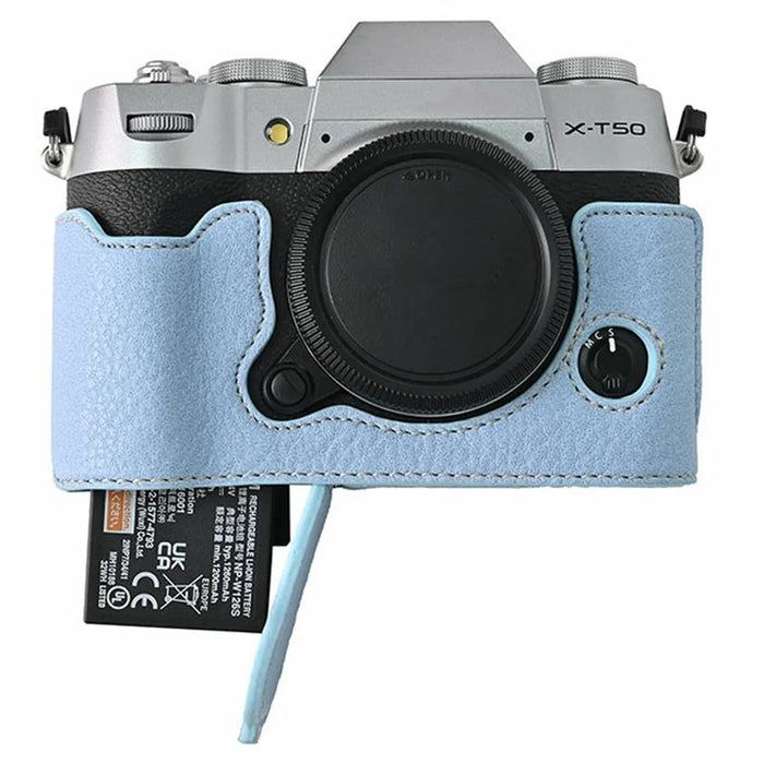 For Fujifilm X-T50 PU Leather Camera Half Case Base Cover with Battery Access and Shoulder Strap - Baby Blue - 5