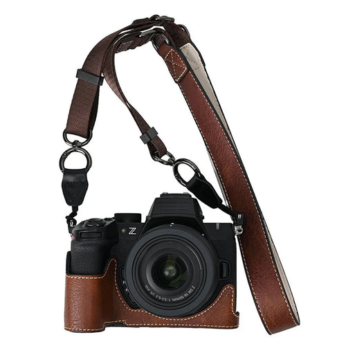 For Nikon Z 50 II Camera Half Case Litchi Texture Battery Opening PU Leather Cover with Shoulder Strap - Coffee - 1