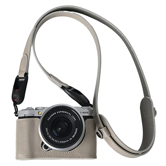 For Fujifilm X-M5 Case with Shoulder Strap Genuine Leather Camera Protective Cover - Grey - 1