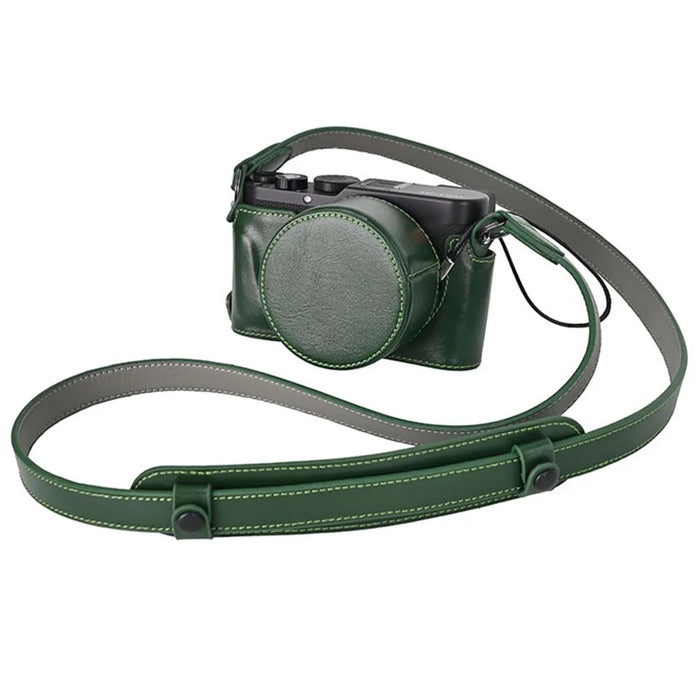 For Leica D-Lux 8 Case with Shoulder Strap, Lens Cap Genuine Leather Camera Protective Cover - Green - 1