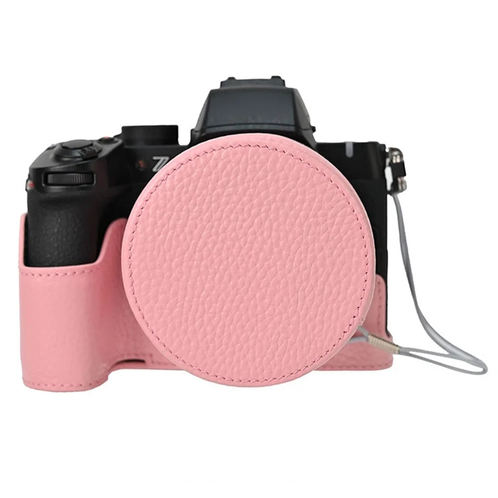 For Nikon Z 50 II Camera Case with Lens Cap Genuine Cow Leather Protective Cover - Pink - 1