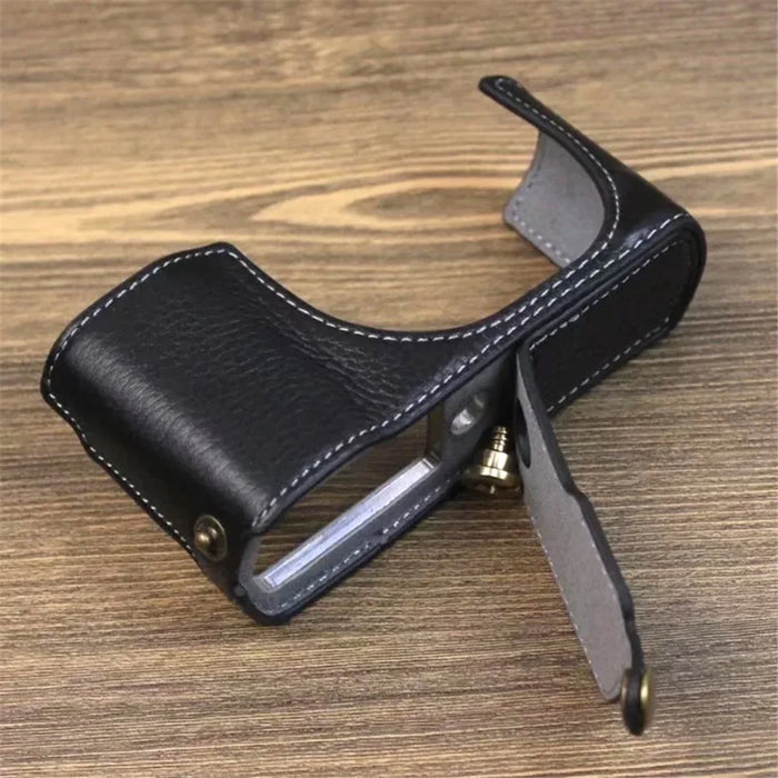 For Leica C-Lux Digital Camera Genuine Leather Case Bottom Opening Design Protective Half Body Cover - Black - 3