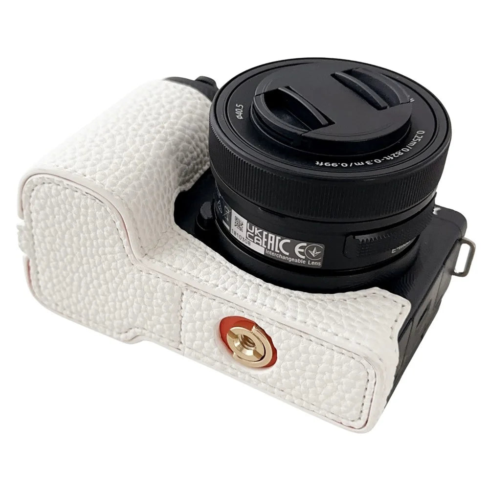 For Sony Alpha ZV-E10 II Camera Case PU Leather Protective Cover with Screw Hole - White - 3