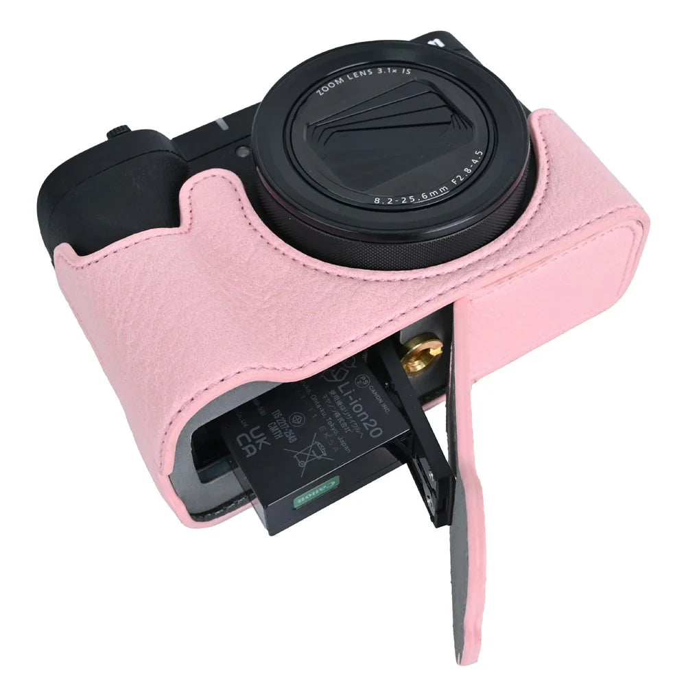 For Canon PowerShot V1 Camera Case with Battery Opening Litchi Texture PU Leather Protective Cover - Pink - 3