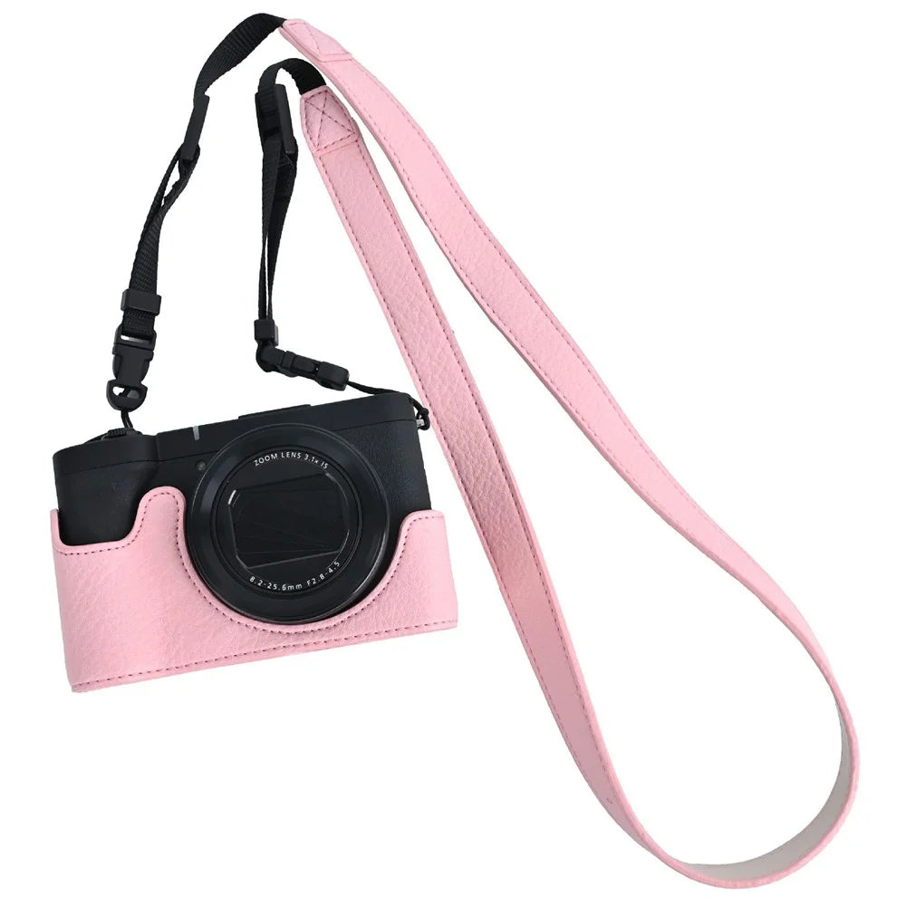 For Canon PowerShot V1 Camera Half Case Litchi Texture Battery Opening PU Leather Cover with Shoulder Strap - Pink - 1